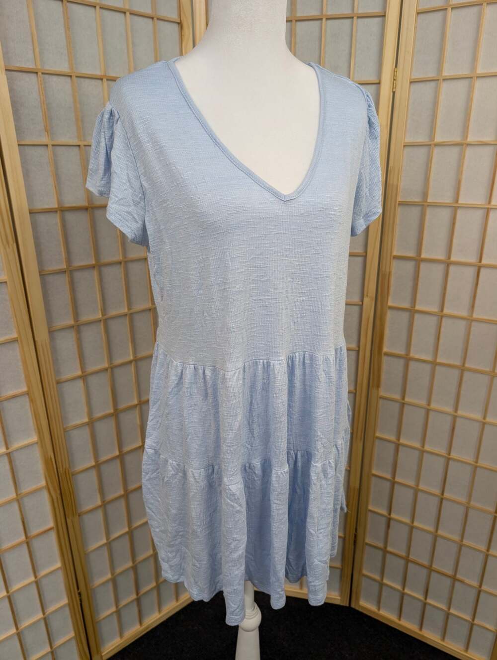 Sky Blue Knit Babydoll Dress XL v-neck ruffled skirt cottagecore romantic femme
